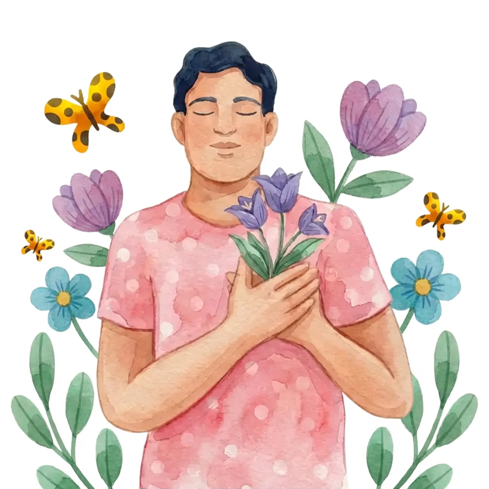 A person pausing with a hand on their chest, surrounded by flowers