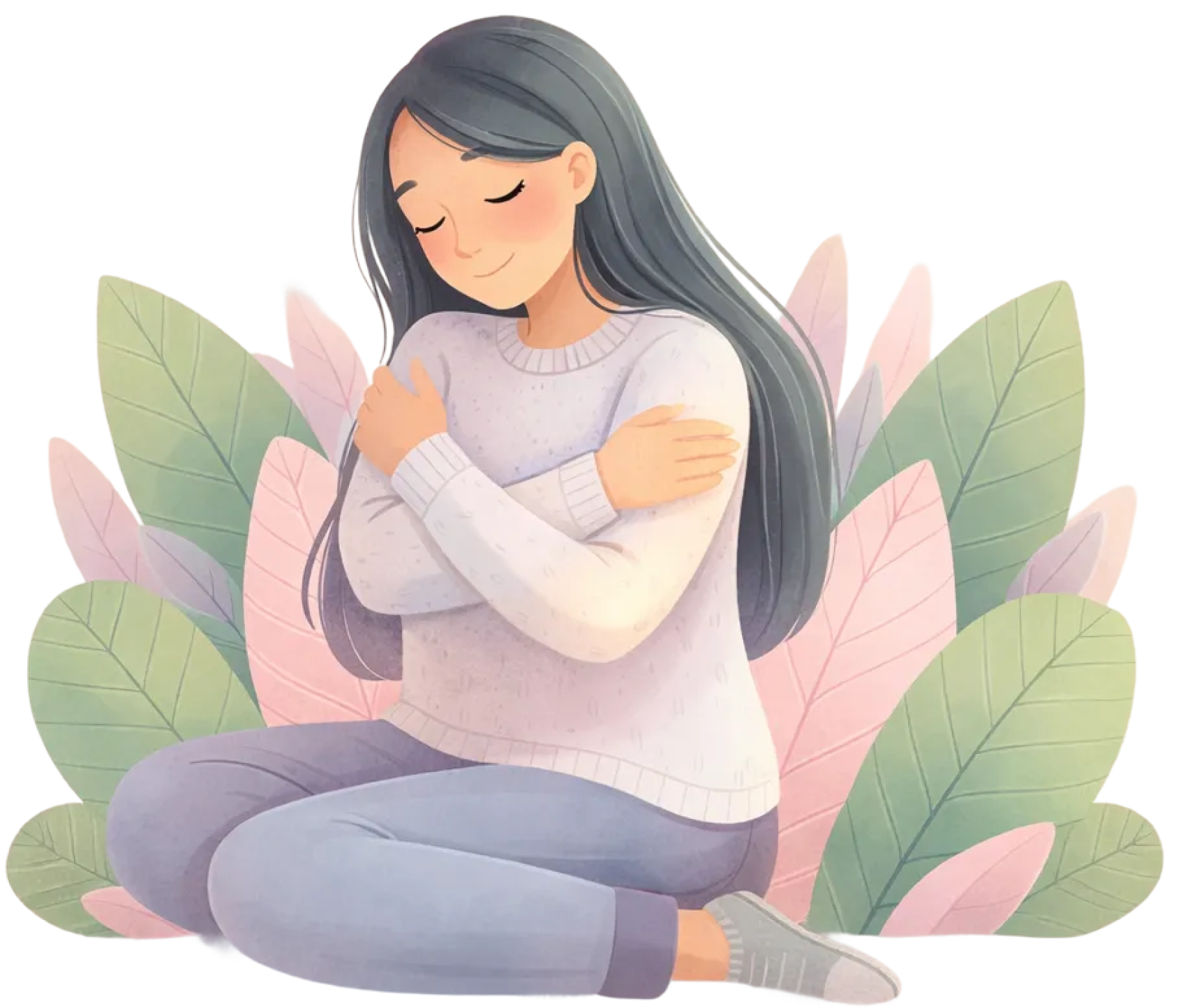 A person sitting calmly with their arms wrapped around themselves